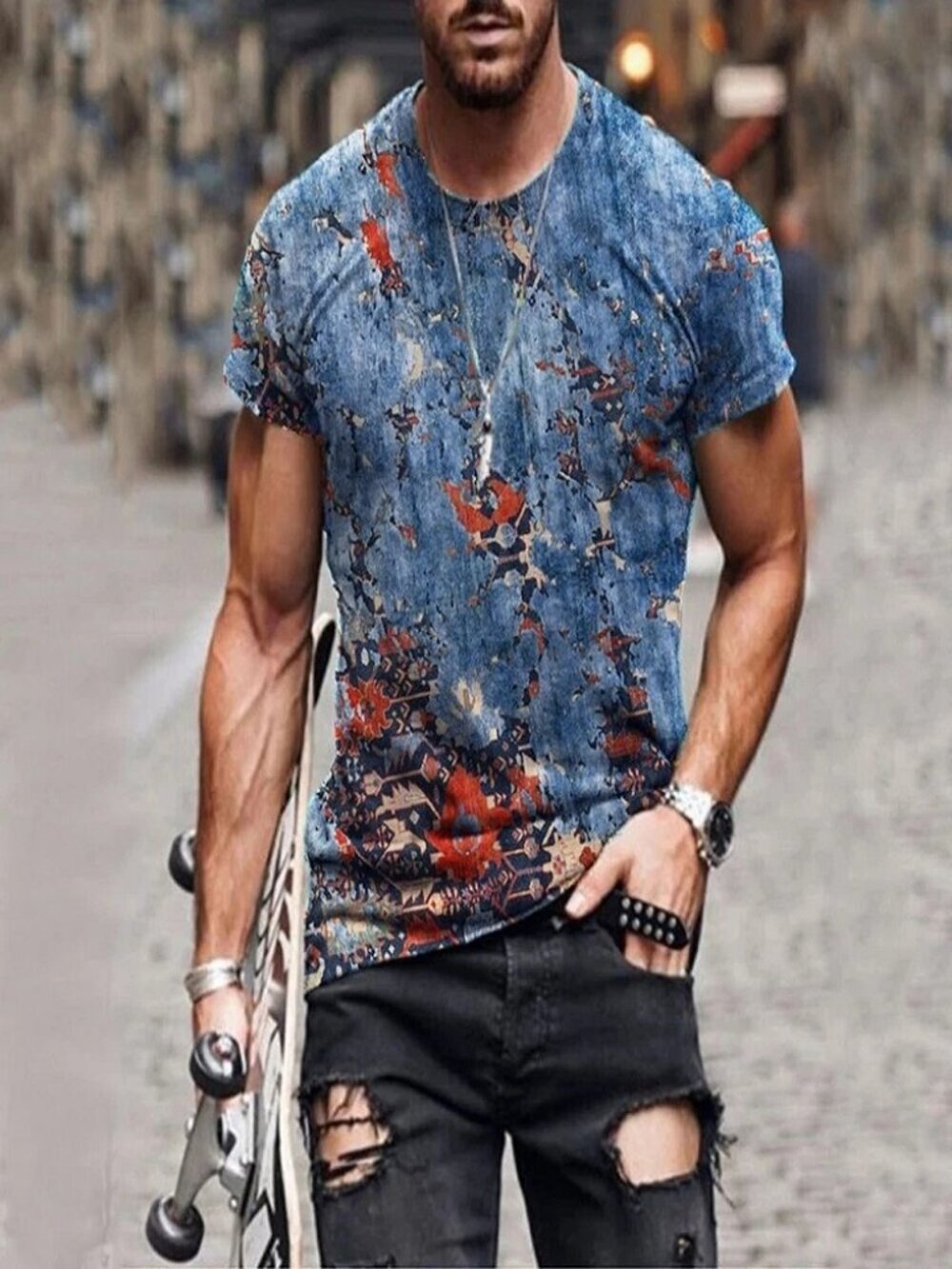 T-Shirt Mens Vintage Printed Short Sleeve Blouse Summer Casual Fitness Tops Tee - Picture 5 of 12